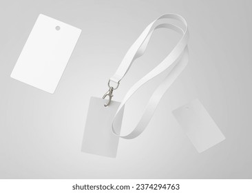 white plain empty blank floating vertical employee ID card holders with lanyard on isolated background