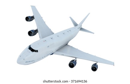 White Plane Flying. Jumbo Jet Passenger  Boeing 747 Isolate On White Background