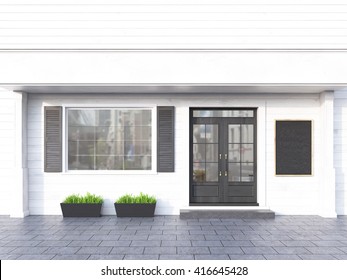 White Plank Cafe Exterior With Blank Chalkboard. 3D Rendering