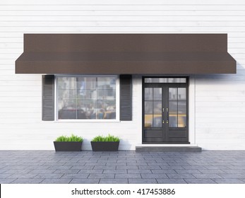 White Plank Cafe Exterior With Brown Canopy. 3D Rendering