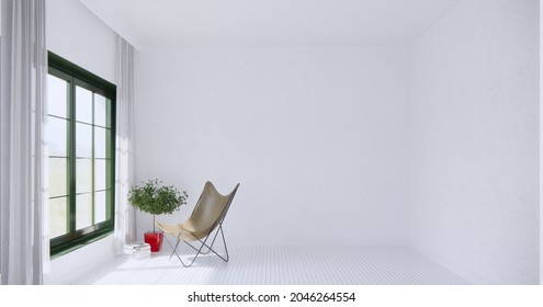 White Plaster Wall. Idea Of The Minimal Living Room With Leather Lounge Chair And Plant On The Floor. Light Sense In Window. Home Background Interior. 3D Illustration