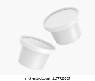White plastic or paper buckets with closed lids. Realistic set food containers, round jars for ice cream, yogurt, blank tubs for sauce, jam, cheese isolated on background, 3d render mockup packaging