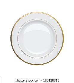 White Plate With Gold Rims On White Background.