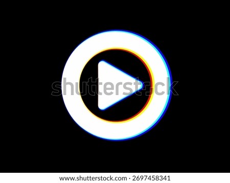 White play button icon centered in circular frame with subtle RGB chromatic aberration effect on black background. Clean, minimalist design ideal for media players, apps, and digital interfaces.
