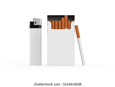 White Pocket Lighter And Cigarette Pack Mockup Template Isolated On White Background, 3d Illustration.