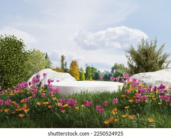White podium in field flowers for product presentation behind is view the sky 3d rendering