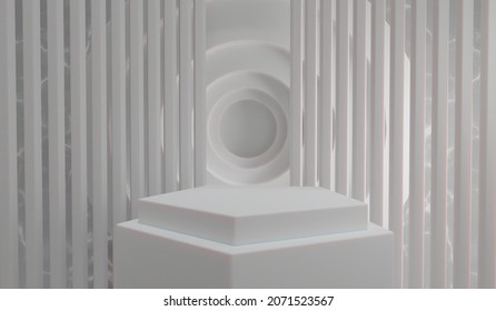 White podium on White background,geometry podium shape for display product, 3d rendering.