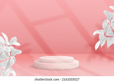 White Podium For Product Presentation On Red Background, Surrounded By White Ornamental Plants And Illuminated By Natural Light Through A Window. 3D Illustration Rendering.