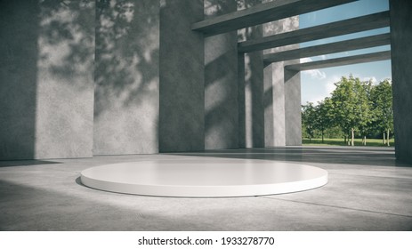 White podium for products show in concrete hallway with park background.3D rendering.