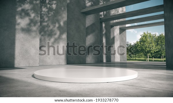White podium for products show\
in concrete hallway with park background.3D\
rendering.