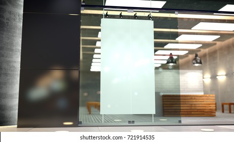 White Poster Board In Modern Store Window- 3D Render