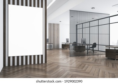 White Poster With Copyspace On Striped Wall In Modern Open Space Office With Eco Style Interior, Parquet And Airy Partition. 3D Rendering, Mockup