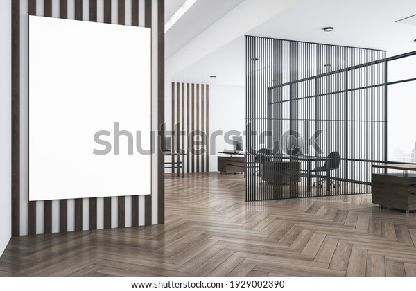 White poster with copyspace on striped wall in\
modern open space office with eco style interior, parquet and airy\
partition. 3D rendering,\
mockup