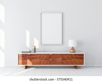 White Poster Frame Hanging On The Wall, Modern Bureau With Table Lamp. 3d Rendering