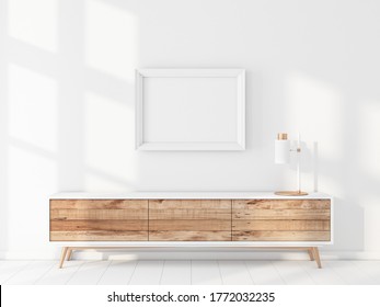 White Poster Frame Mockup Hanging On Wall Above Bureau, 3d Rendering