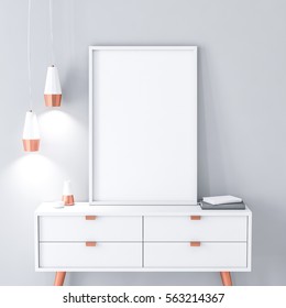 White Poster Frame Mockup On Modern Bureau. 3d Rendering