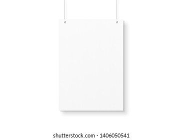 White Poster Isolated Hanging By Strings On Wall Mockup 3D Rendering