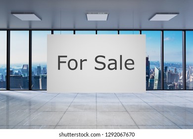 White poster in large modern empty office with skyline view for sale, 3D Illustration