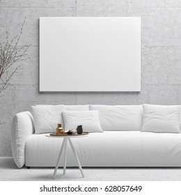White poster on concrete wall, living room, 3d illustration