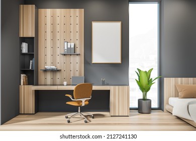 White poster on wall, wood bedroom interior and home office with panoramic window, comfortable bed. laptop on desk. Concept of modern life. Mockup. 3d rendering.