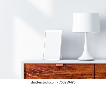 White Poster Or Photo Frame Mockup On Bureau With Desk Lamp. 3d Rendering