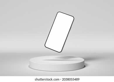 White Presentation Podium With Phone. 3d Render Illustration Mockup.