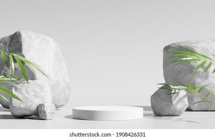 White Product Display Podium With Bamboo Nature Leaves And Stone. 3D Rendering	