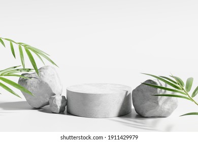 White Product Display Podium With Bamboo Nature Leaves And Stone. 3D Rendering	