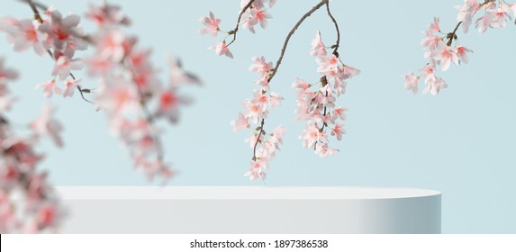 White Product Display Podium With Blossom Flowers On Blue Background. 3D Rendering 	