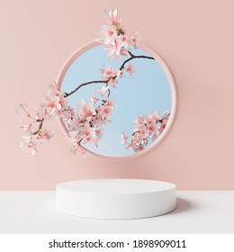 White Product Display Podium With Blossom Flowers On Pink Background. 3D Rendering