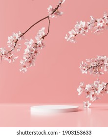 White Product Display Podium With Blossom Flowers On Pink Background. 3D Rendering