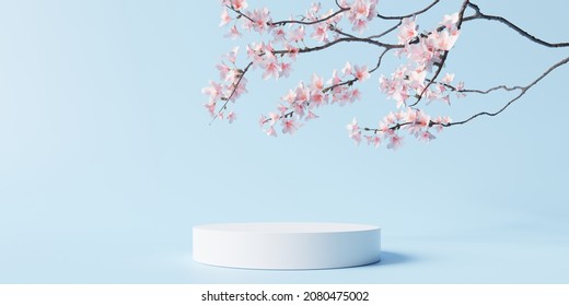 White Product Display Podium With  Blossom Flowers On Blue Background. 3D Rendering