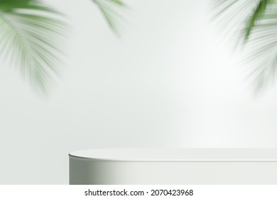 White Product Display Podium With Blurred Nature Leaves Background. 3D Rendering