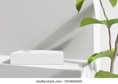 White Product Display Podium With Nature Leaves. 3D Rendering