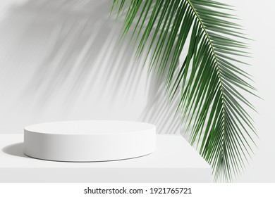 White Product Display Podium With Nature Leaves. 3D Rendering