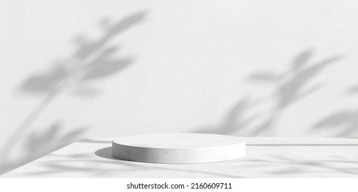 White Product Display Podium With Shadow Nature Leaves On White Background. 3D Rendering