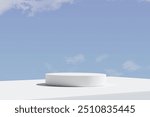 White Product display podium stand with blue sky background. 3D rendering