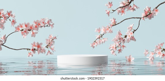 White Product Display Podium With Water Reflection And Blossom Flowers On Blue Background. 3D Rendering