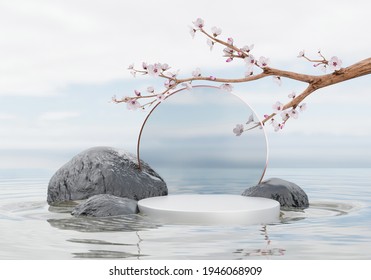 White Product Display Podium With Water Reflection And Blossom Flowers On Blue Background. 3D Rendering