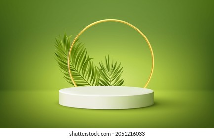 White Product Podium With Green Tropical Palm Leaves And Golden Round Arch On Green Wall