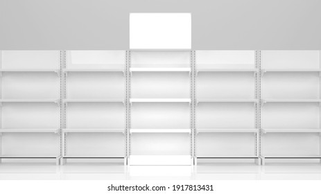 White Product Store Shelves. Gondola Display. Isolated On White Background 3D Render