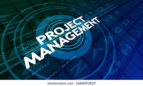 White Project Management Text Overlapping Blue Digital Network Background With Code Snippets words technology