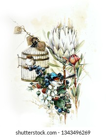 White Protea. flower bouquet with birds cage. botanical watercolor illustration. Greeting card. 