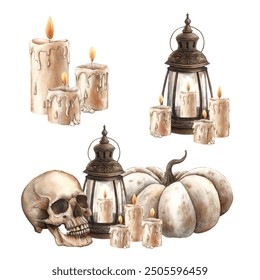 White pumpkin, antique copper lantern with wax candles and human skull. Set of three watercolor compositions in Gothic style. Suitable for Halloween design, vintage postcards, posters, packaging - Powered by Shutterstock