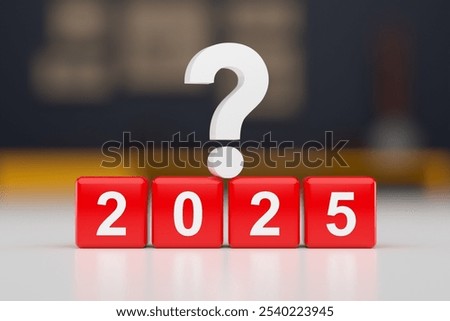 White question mark hovering over red cubes displaying the year 2025, symbolizing uncertainty and challenges in the future. 3D render.