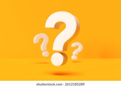 White question marks are floating on a vivid yellow background, creating a visual representation of uncertainty, inquiry, and the search for answers. 3D render