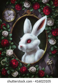 White rabbit from Alice in Wonderland  Portrait in oval frame  clock  key  red roses   white roses  chess background  The character from Alice in Wonderland  Illustration