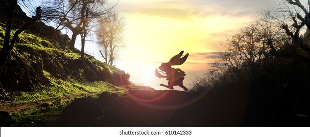 White Rabbit Holding Pocket-watch Running Across Woody Horizon