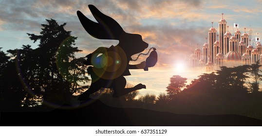 White rabbit silhouette with queen of hearts  palace in background