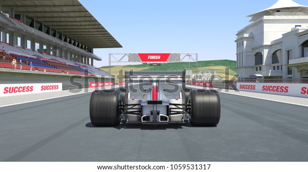 White Racing Car Crossing Finish Line And\
Winning The Race - High Quality 3D\
Rendering